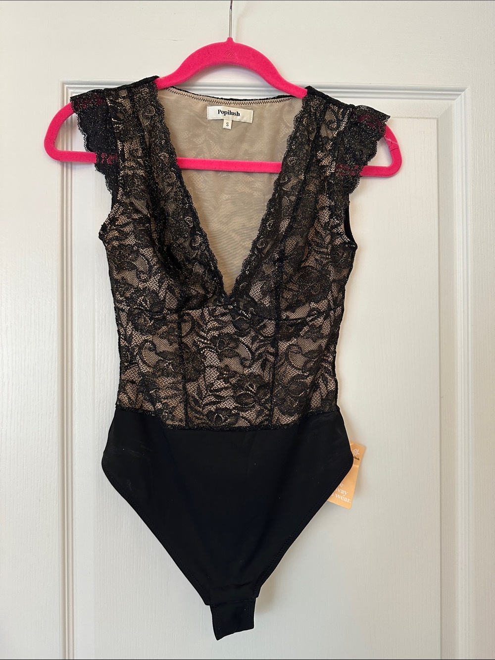 Popilush Body Shaping Black Lace V-Neck Bodysuit metallic gold nude upper size S - Picture 3 of 8